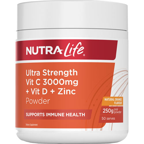 Nutralife Ultra Strength Vit C 3000mg + Vit D + Zinc 250g Powder